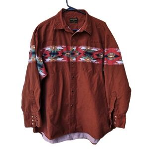Vintage Rustler by Wrangler Western Snap Shirt 2X Aztec Print Terracotta Red